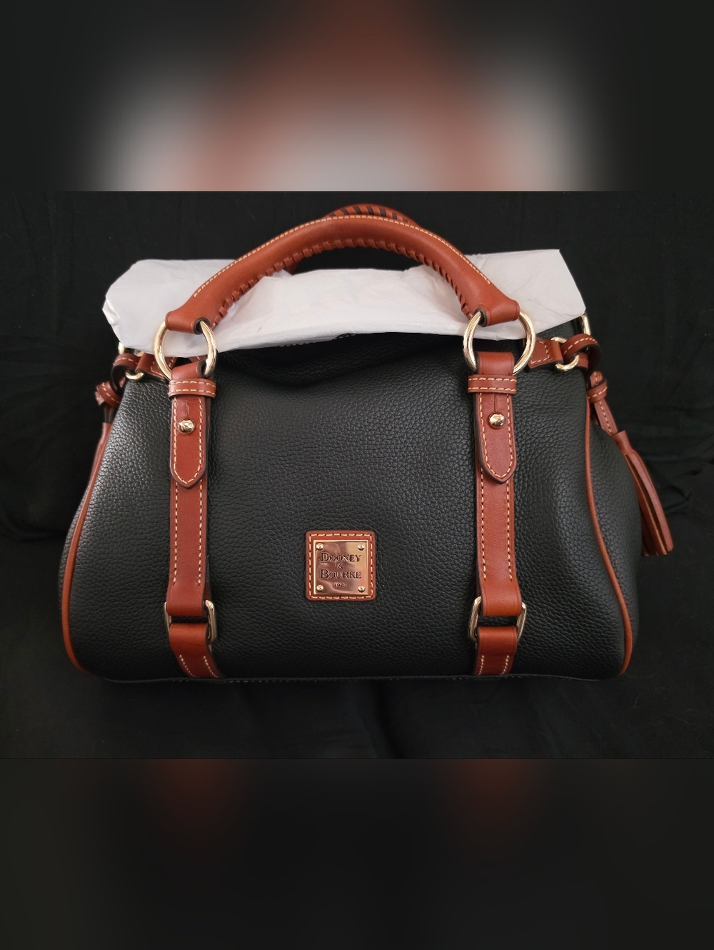 Dooney & Bourke Black Pebble Grain Leather Satchel with Brown Trim